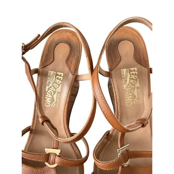 SALVATORE FERRAGAMO Tan Leather Cork Wedges Size 10 - Picture 12 of 13